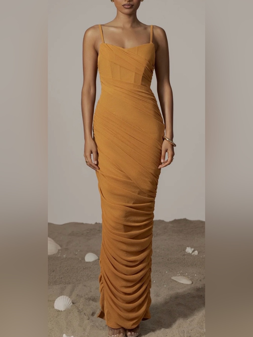JLUXLABEL Mustard Gold Draped Cutout Maxi Dress